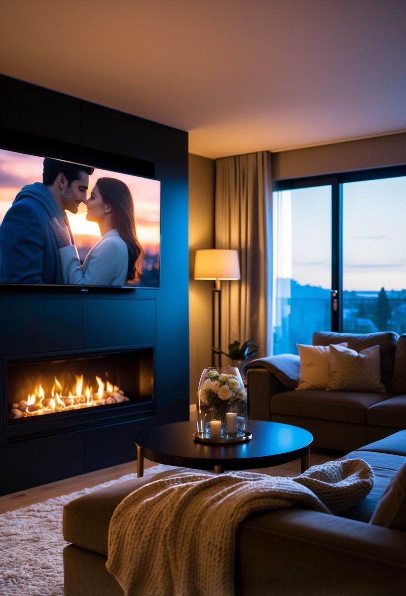 A warm, dimly lit living room with a flickering fireplace, soft blankets, and a large TV showing a romantic movie