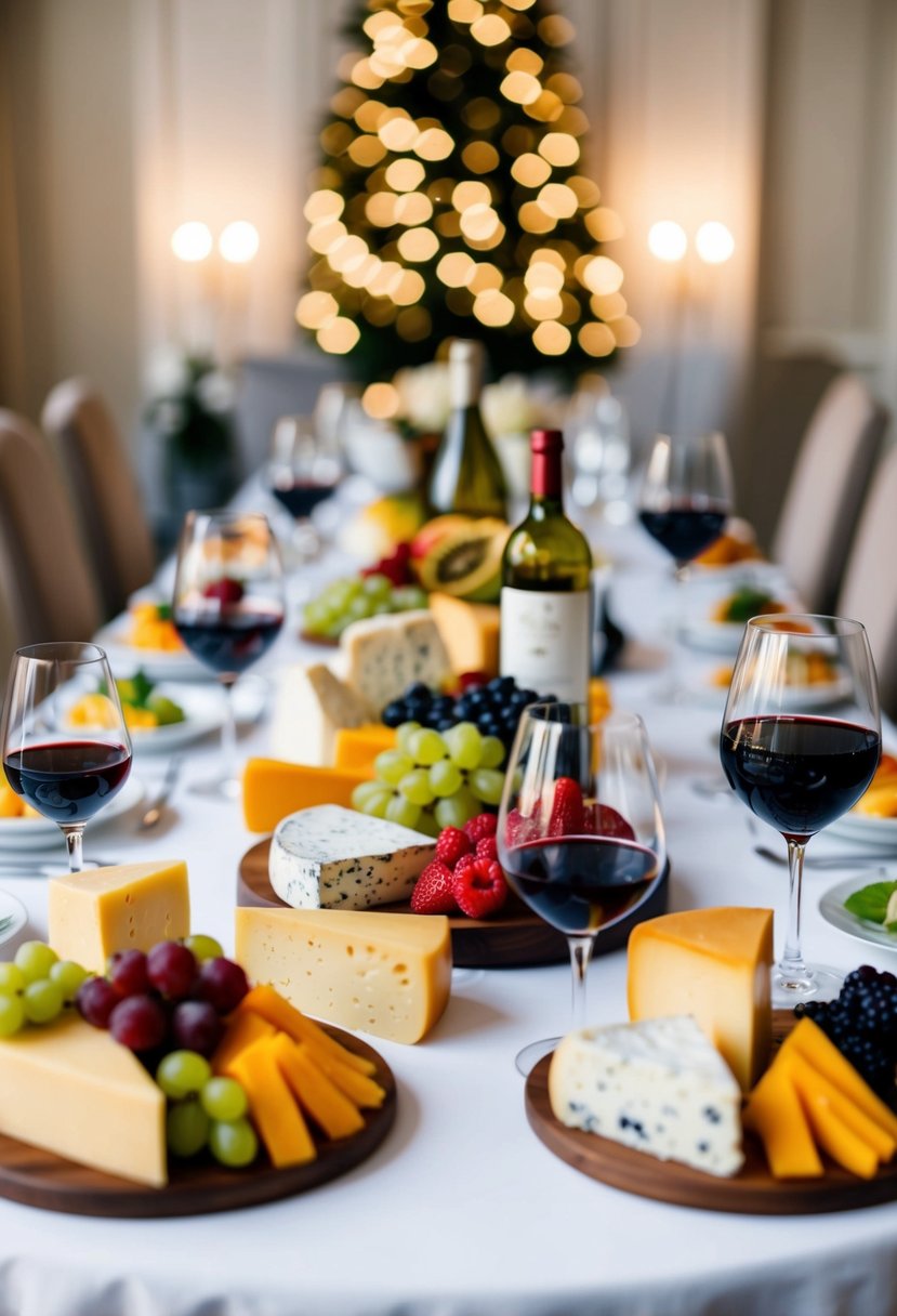 A table adorned with various cheeses, fruits, and glasses of wine, surrounded by elegant decor and soft lighting