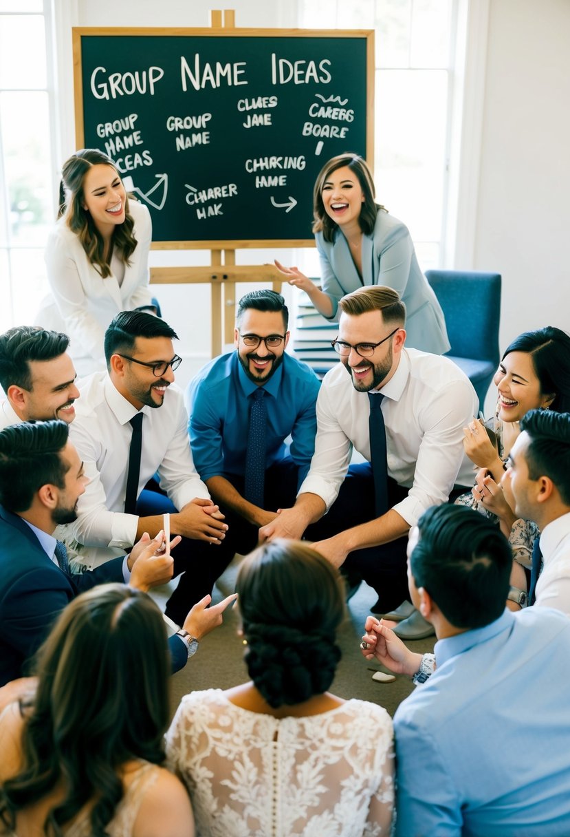 A group of wedding attendees gathered in a circle, brainstorming and laughing, while a chalkboard with various group name ideas is displayed in the background