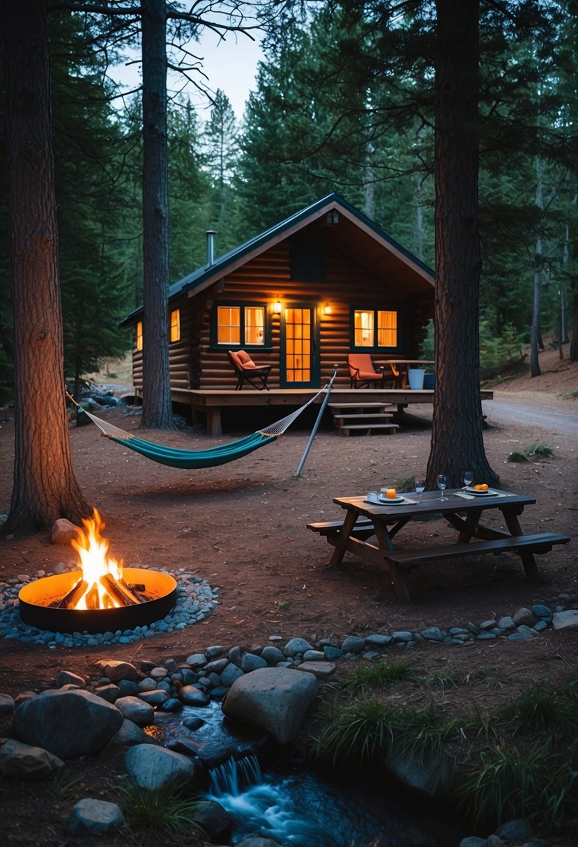 A cozy cabin nestled in a forest clearing, with a crackling fire pit and a hammock strung between two trees. A nearby stream gurgles softly, and a picnic table is set for two