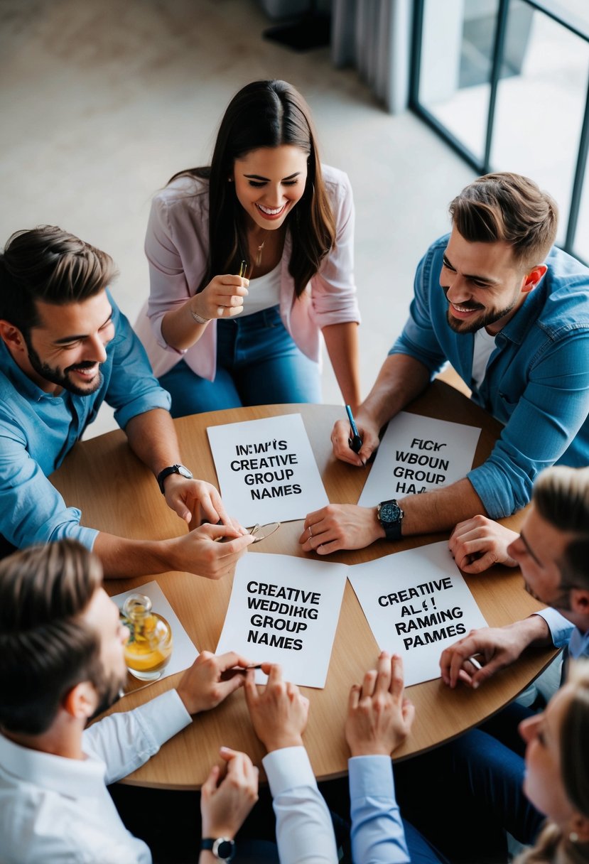 A group of friends gathered around a table, brainstorming and laughing while coming up with creative wedding group names