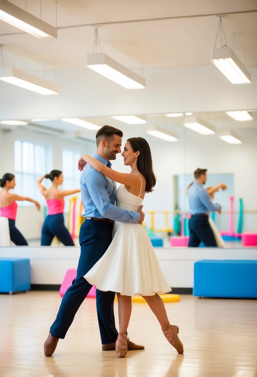 A couple gracefully dances together in a bright, spacious studio, surrounded by mirrors and colorful dance props