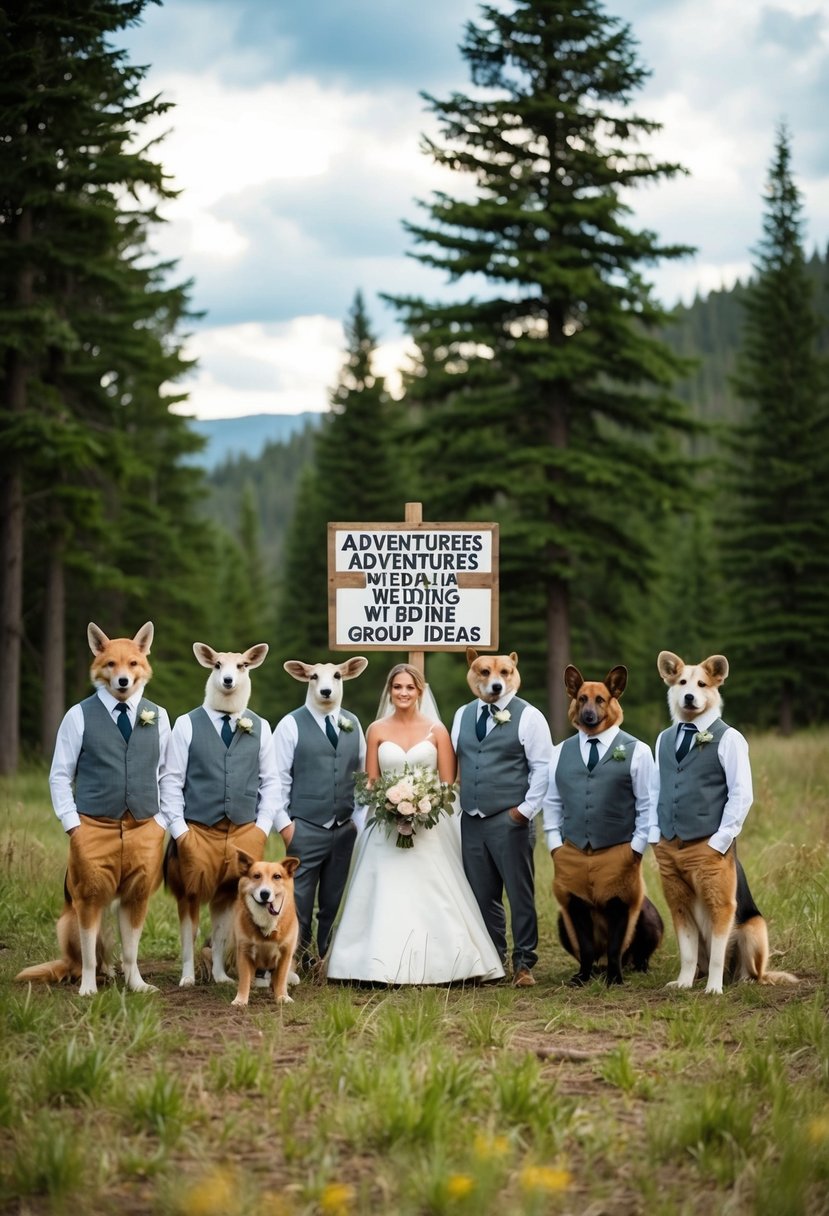 A group of animals dressed in wedding attire, standing in a forest clearing with a sign displaying various adventurous wedding group name ideas