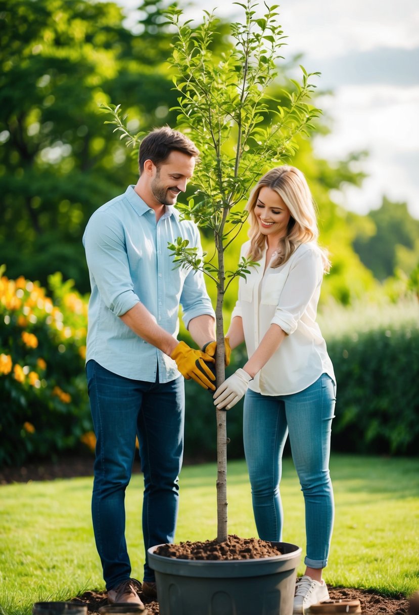 A couple planting a tree together in a lush, peaceful garden