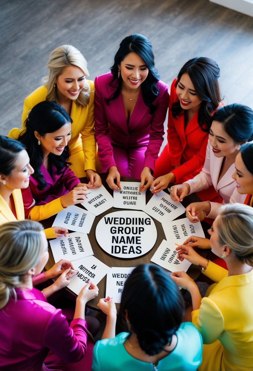 A group of women in matching outfits gather in a circle, smiling and laughing as they brainstorm wedding group name ideas