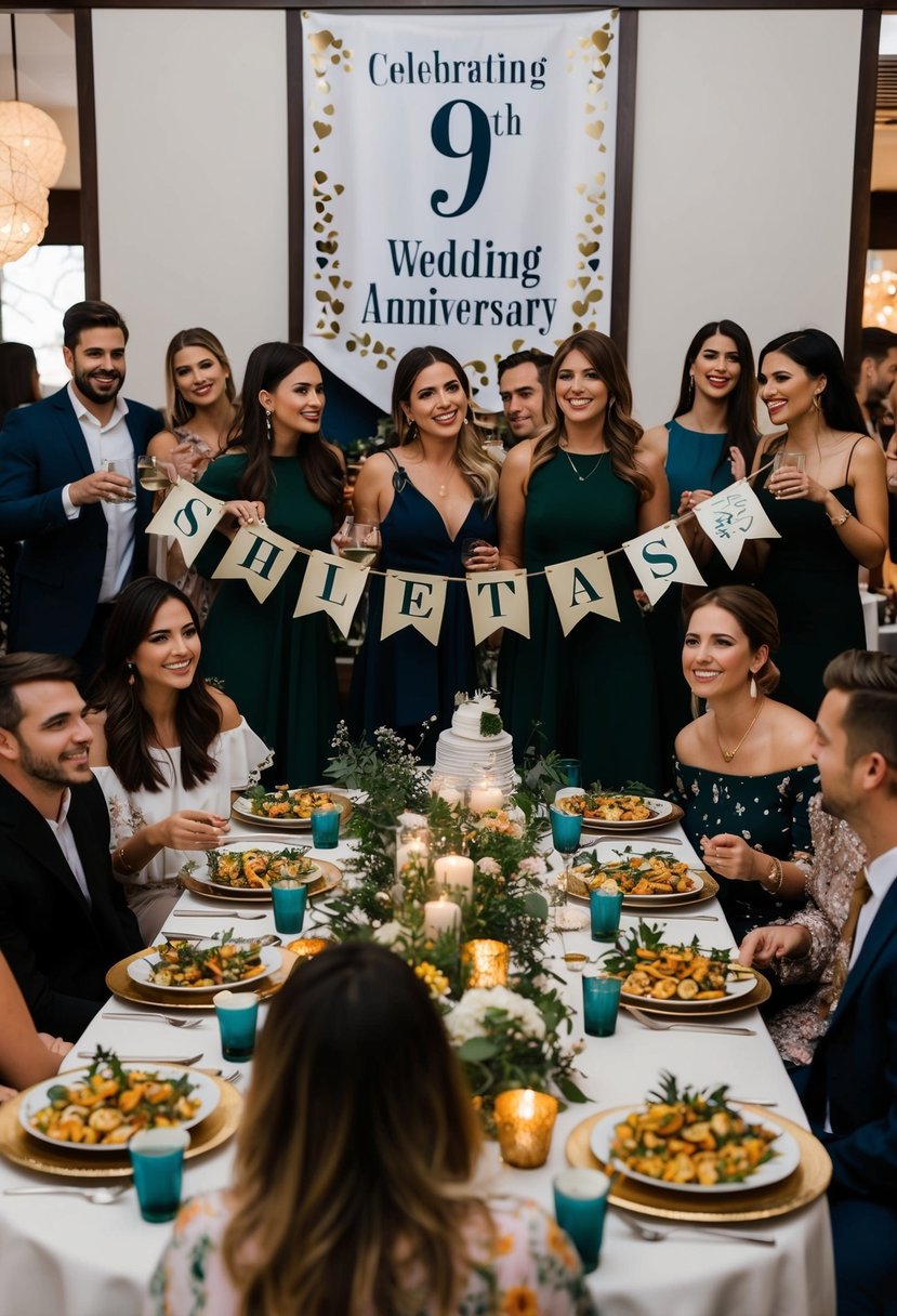 A group of friends gather in a decorated space, with a banner celebrating a 9th wedding anniversary. Tables are adorned with themed decorations and food, as guests mingle and enjoy the festivities