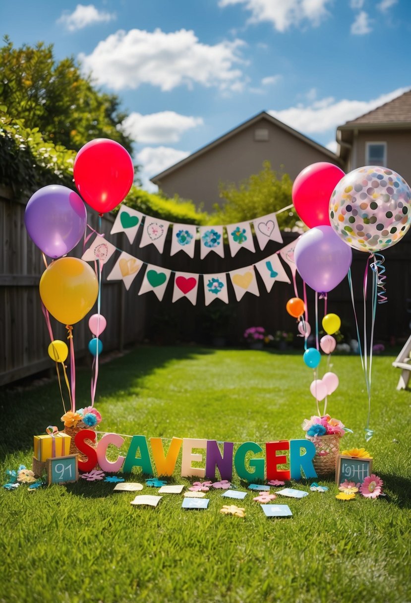 A backyard filled with hidden clues, balloons, and homemade decorations for a DIY scavenger hunt to celebrate a 9th wedding anniversary