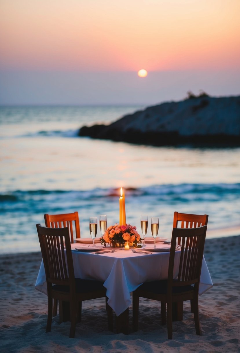 A candlelit dinner for two on a secluded beach at sunset, with a table adorned with flowers and champagne