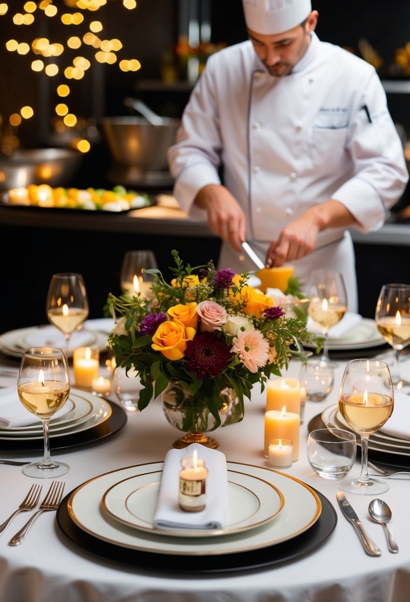 A table set with elegant dinnerware, surrounded by flickering candles and a vase of fresh flowers, while a chef prepares a gourmet meal in the background