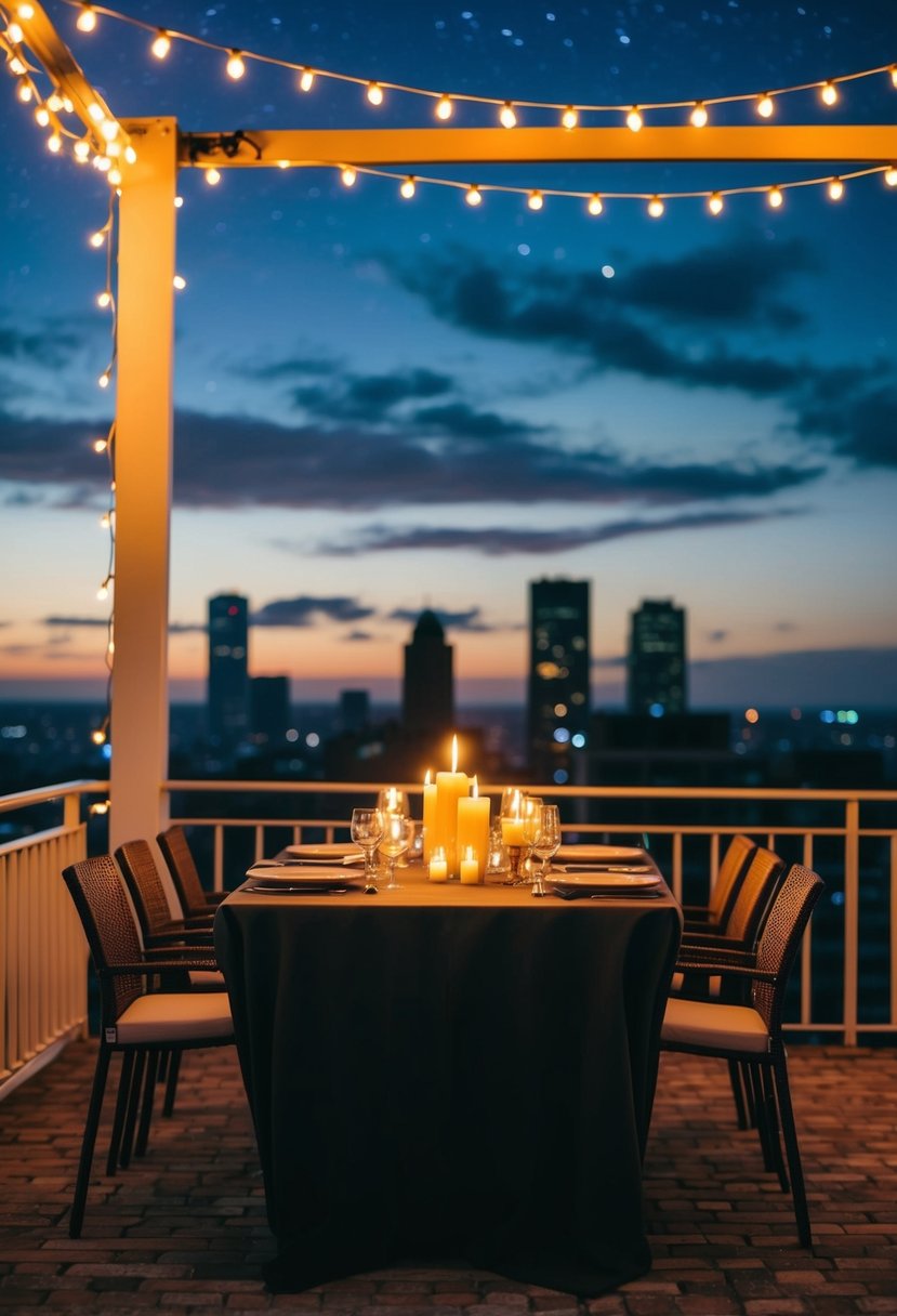 A candlelit dinner table on a rooftop under a starry sky, with fairy lights and a view of the city skyline