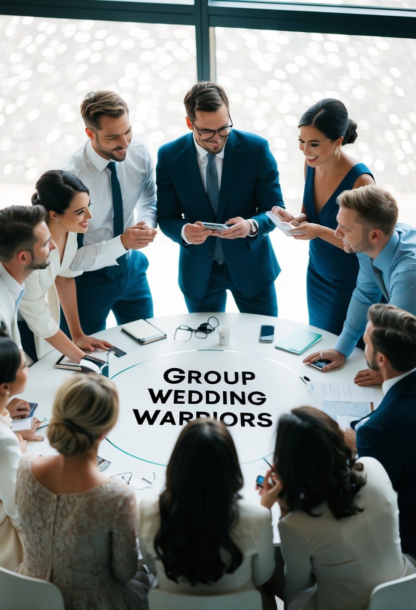 A group of wedding warriors standing in a circle, brainstorming and sharing ideas for their wedding group name