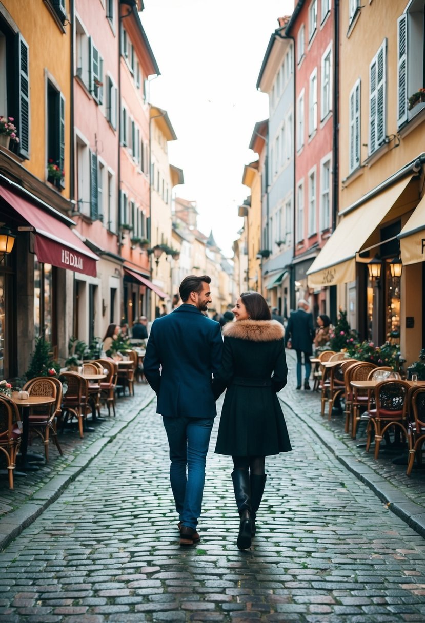 A couple strolling through a charming cobblestone street lined with colorful buildings, bustling cafes, and quaint shops in a European city