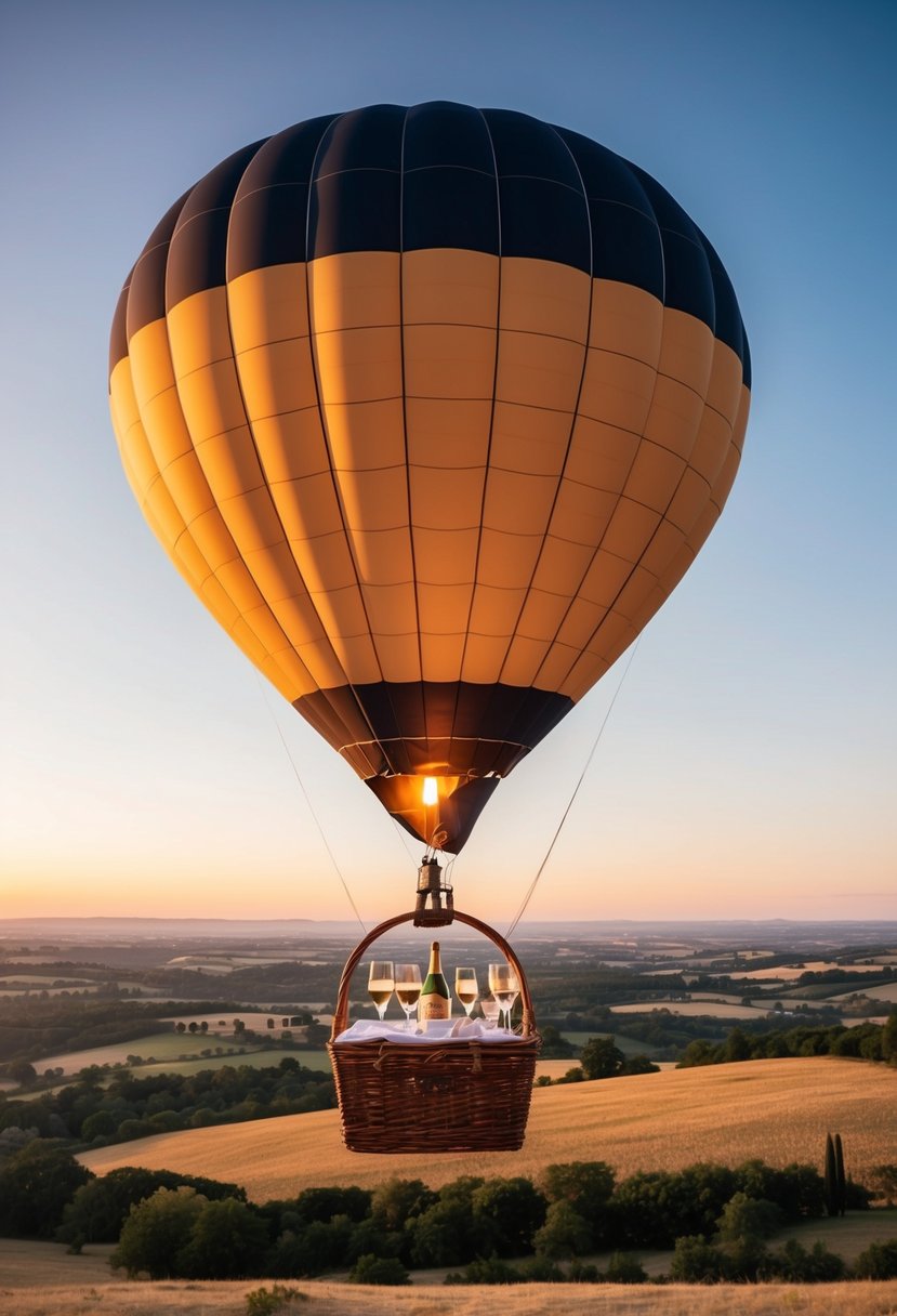 A hot air balloon floats over a picturesque landscape at sunset, with a champagne picnic set up inside the basket