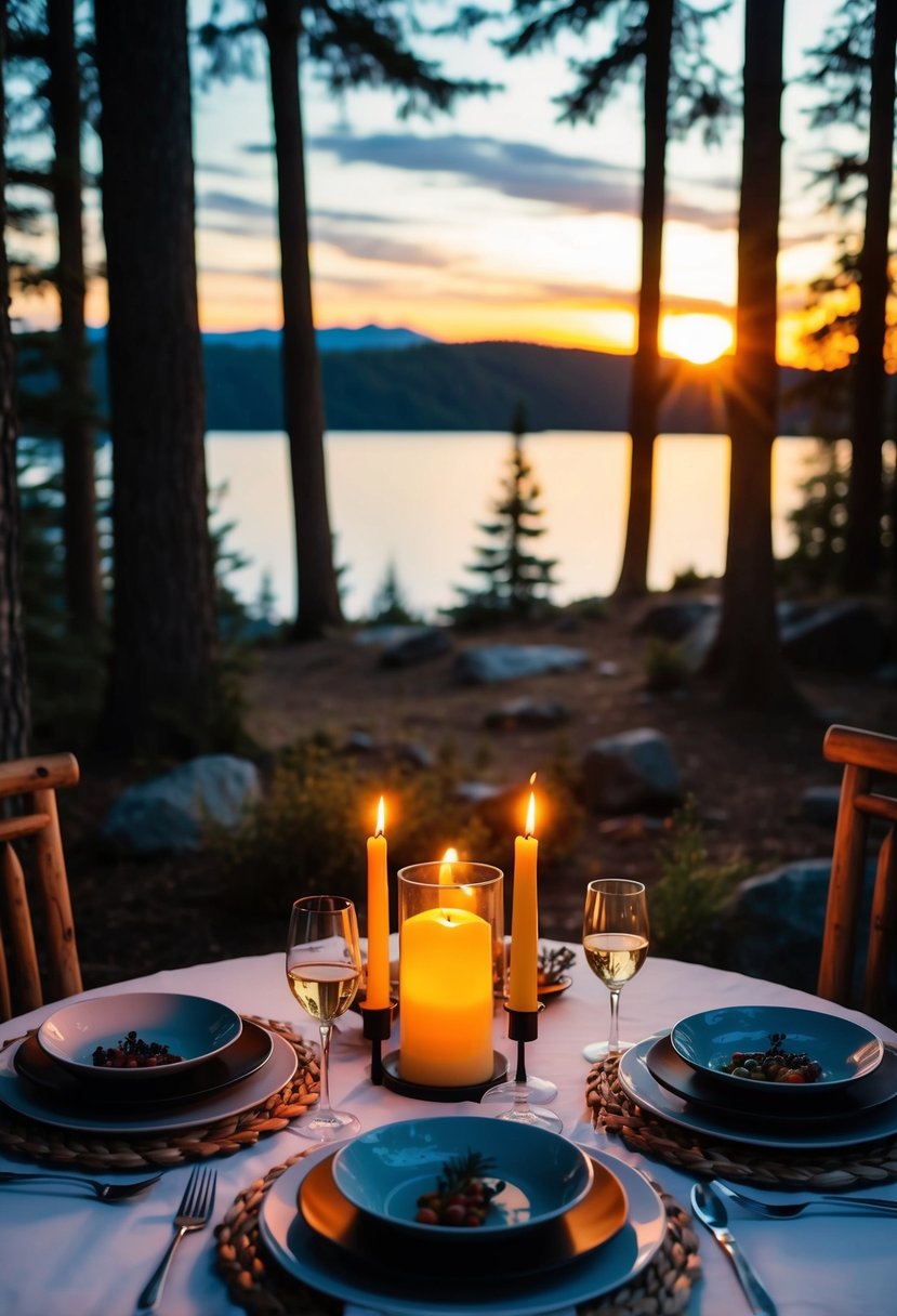 A candlelit dinner for two in a cozy, rustic cabin nestled in the woods, with a breathtaking view of the sunset over a tranquil lake