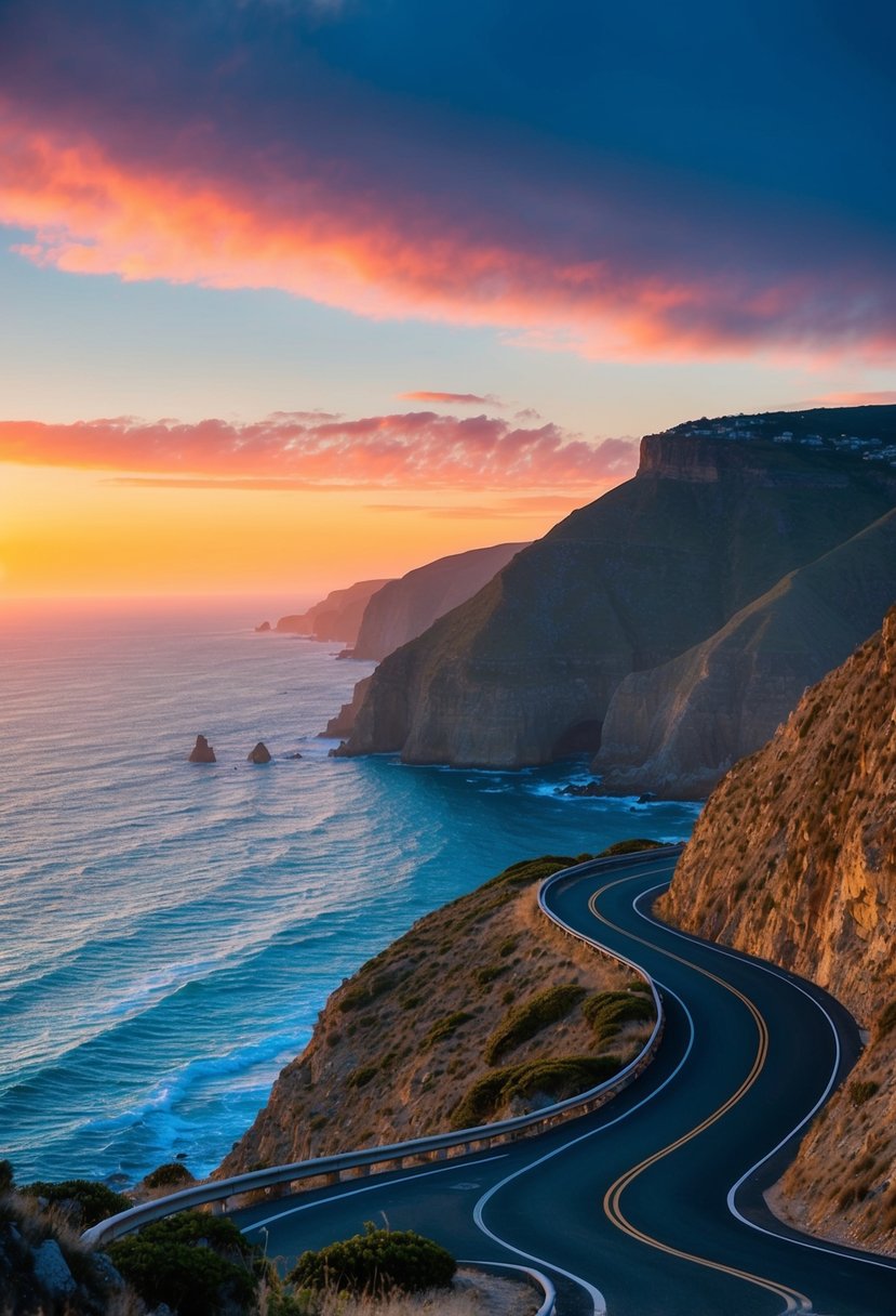 A winding coastal road hugs the cliffs, overlooking the sparkling blue ocean. The sun sets in a blaze of orange and pink, casting a warm glow over the rugged coastline