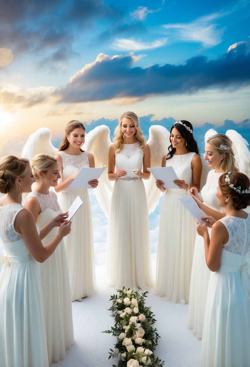 A group of angels in wedding attire brainstorming and sharing ideas in a heavenly aisle