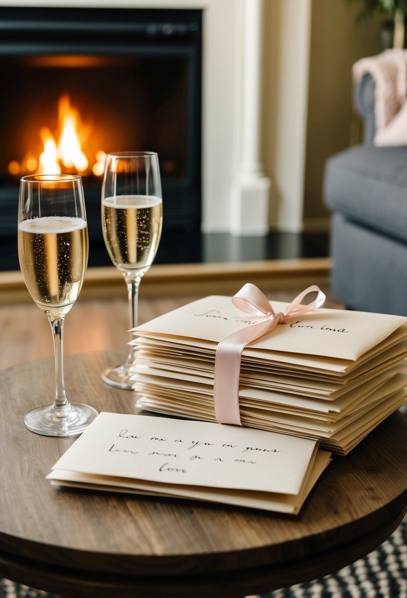 A cozy living room with a crackling fireplace, two champagne glasses, and a stack of handwritten love letters tied with a ribbon