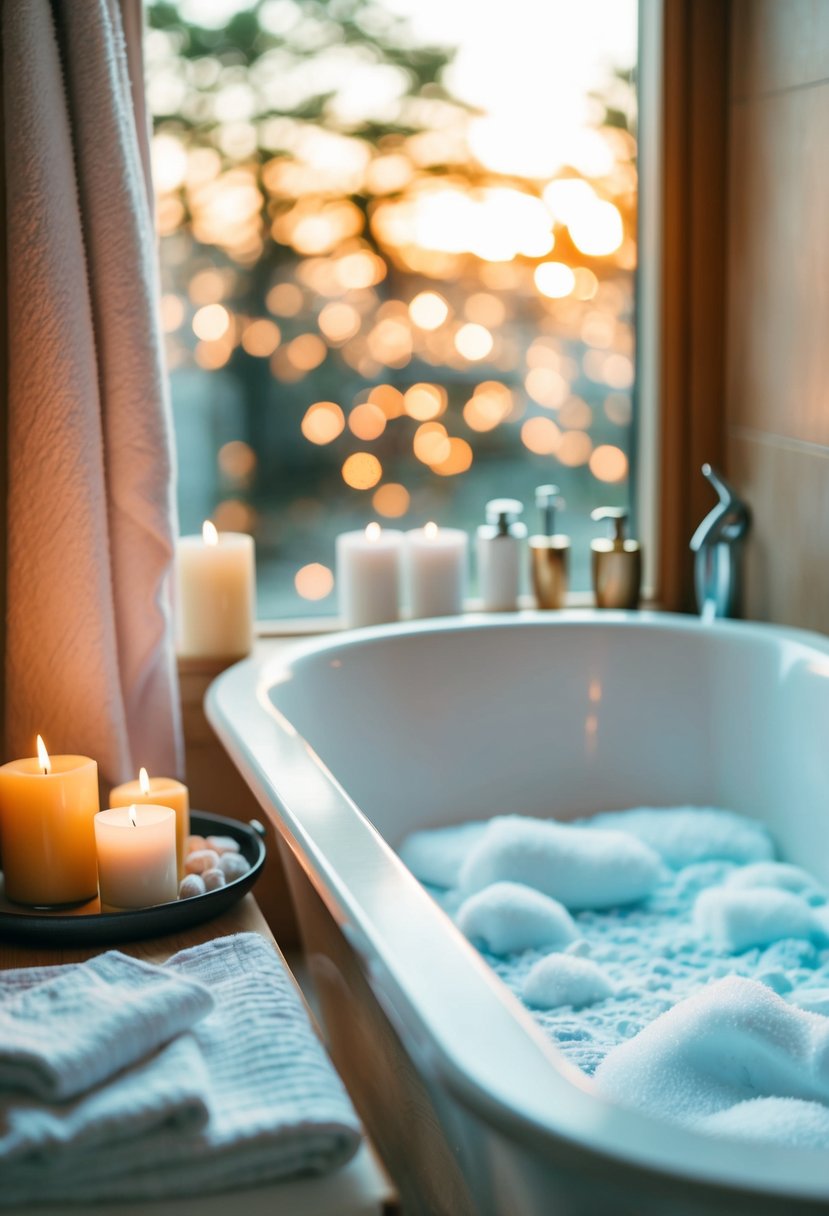 A cozy bathroom with candles, soft towels, and a bathtub filled with bubbles. A tray of pampering products sits nearby