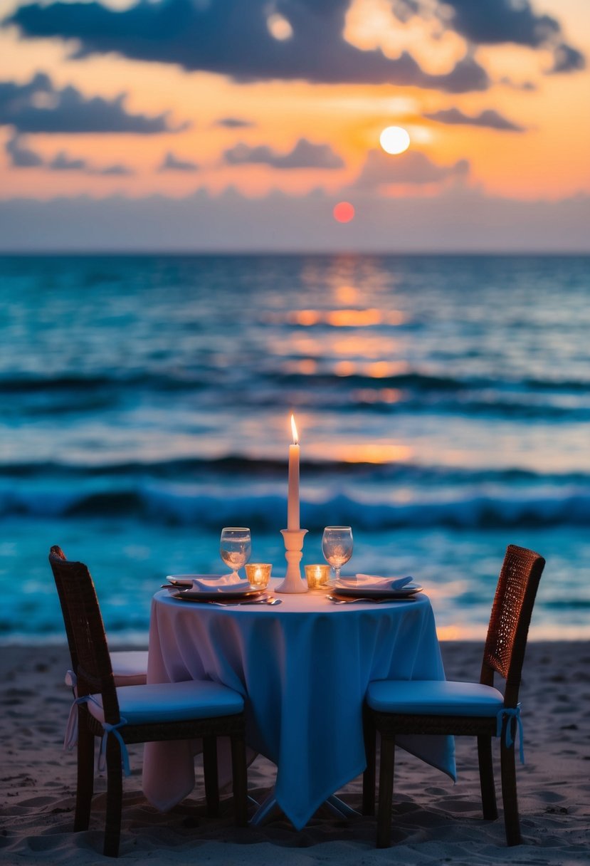 A candlelit dinner on a beach at sunset, with a table set for two and a view of the ocean