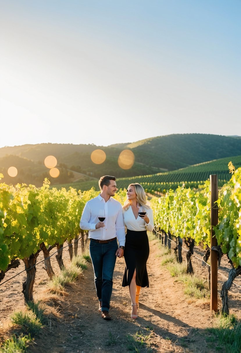 A couple strolls through sun-drenched vineyards, sipping wine and admiring the rolling hills of Napa Valley