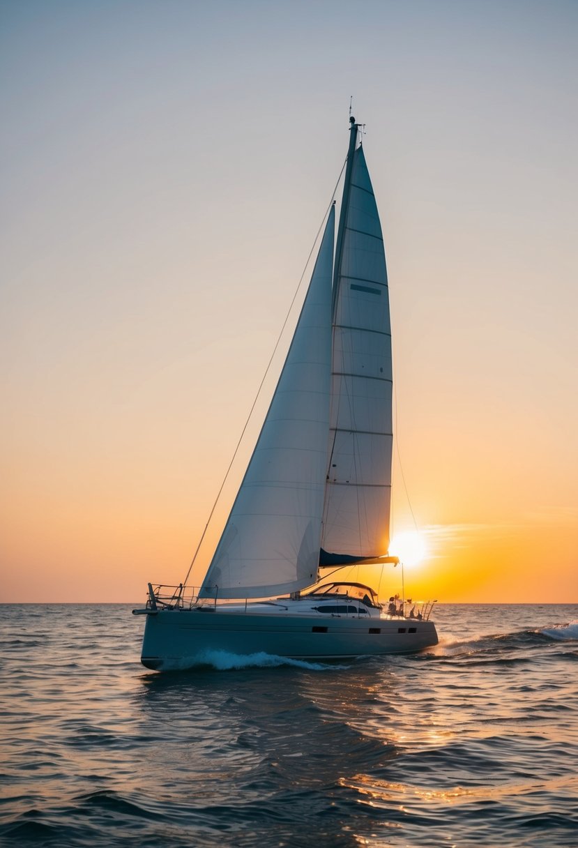 A sailboat glides across the water as the sun sets, casting a warm glow over the horizon, creating a romantic scene for a wedding anniversary celebration