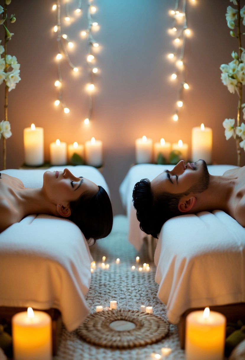 A serene spa with two massage tables surrounded by soft candlelight and soothing music, with a couple enjoying side-by-side treatments