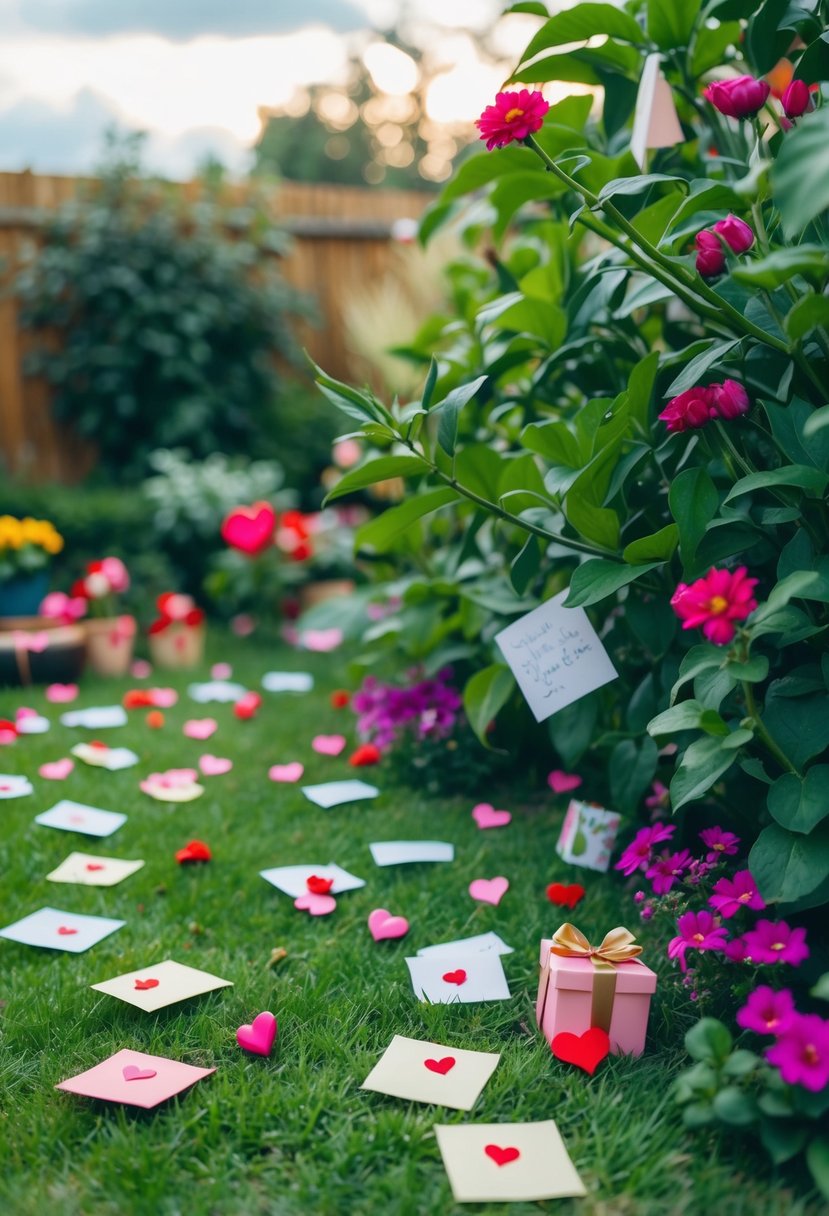 A backyard garden with scattered love notes, flowers, and small gifts hidden among the foliage and decorations