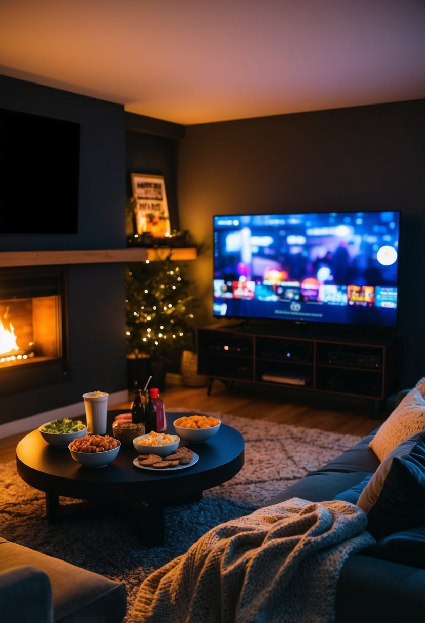 A dimly lit living room with a glowing fireplace, a large screen TV, and a pile of blankets and pillows. A table is set with snacks and drinks for a cozy movie marathon