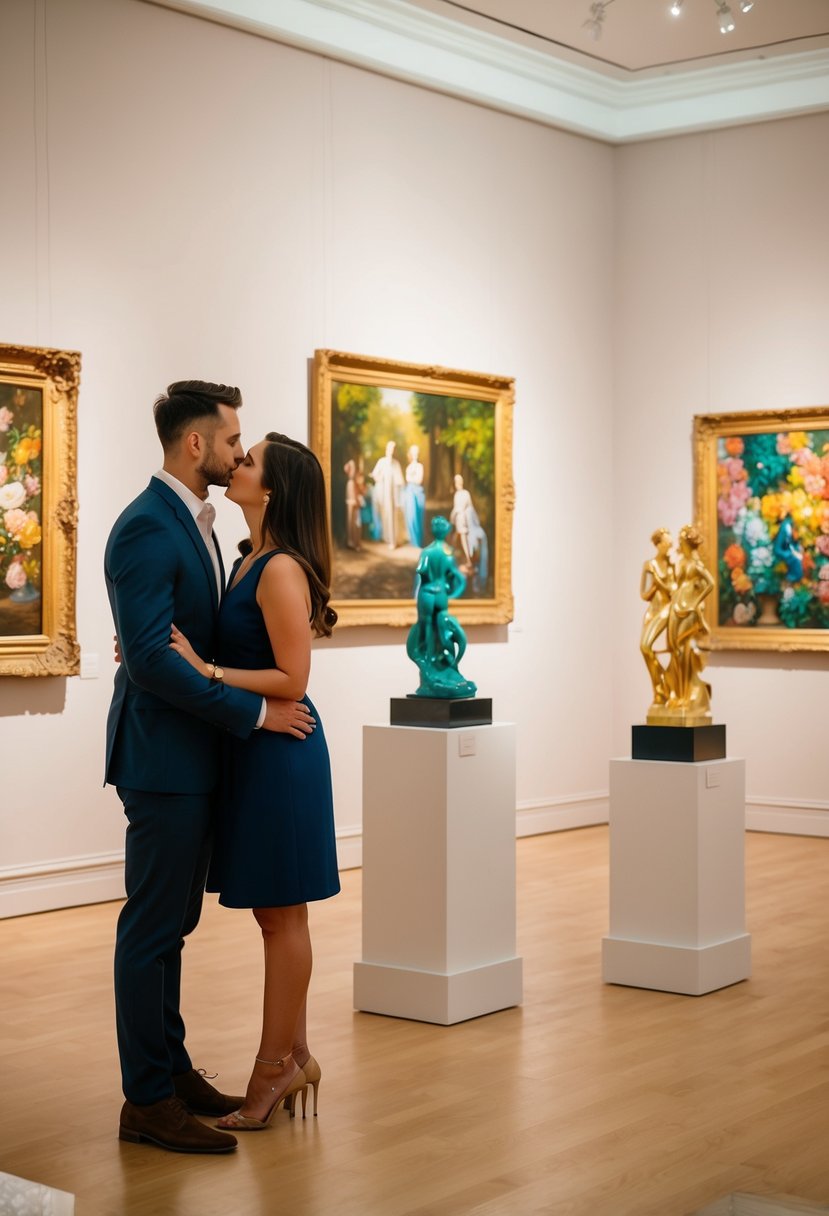 A couple admires a painting in a softly lit art gallery, surrounded by elegant sculptures and vibrant artwork