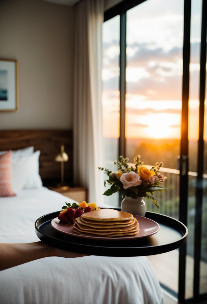 A tray with a heart-shaped plate of pancakes, fresh fruit, and a vase of flowers is being carried into a cozy bedroom with a view of the sunrise