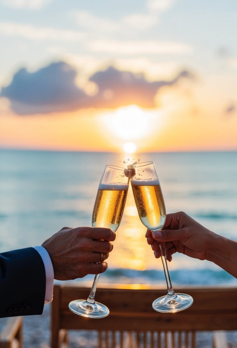 A couple's hands exchanging gifts and toasting with champagne in front of a romantic sunset beach setting