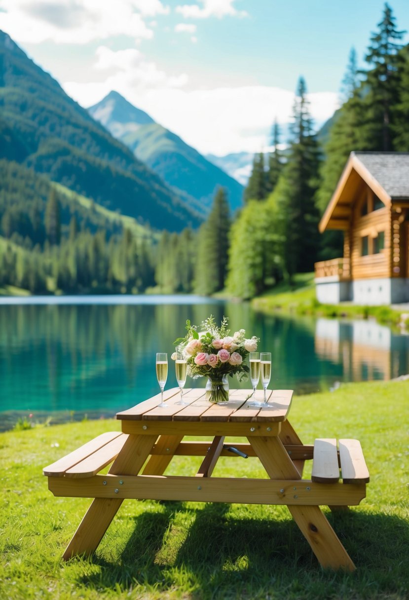 A cozy cabin nestled in the mountains, surrounded by lush greenery and a serene lake. A picnic table set with a bouquet of flowers and champagne on ice