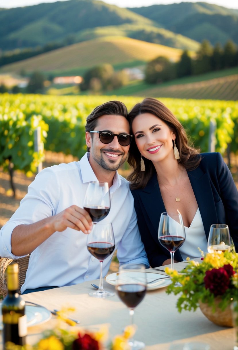 A couple enjoys a scenic wine tasting tour, surrounded by vineyards and rolling hills, with a table set for a romantic anniversary celebration