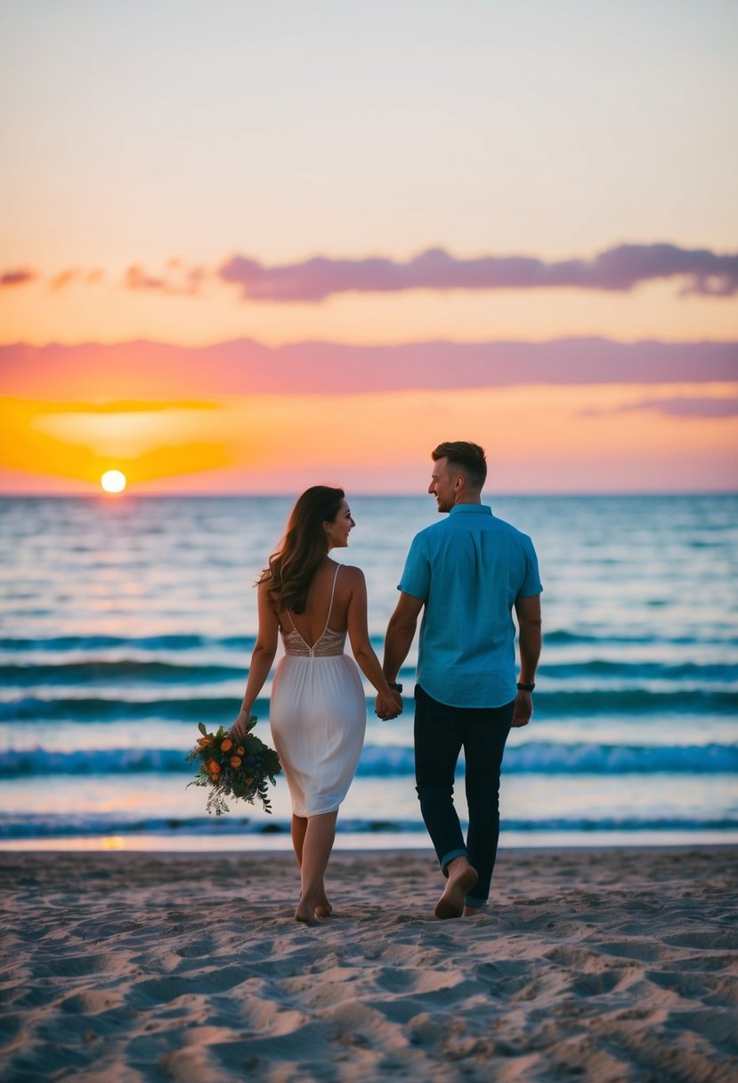 A couple walking hand in hand on a sandy beach at sunset, with a colorful sky and calm ocean in the background