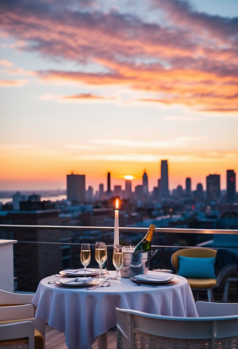 A candlelit dinner on a rooftop terrace overlooking a city skyline at sunset, with a table set for two and a bottle of champagne chilling in a bucket