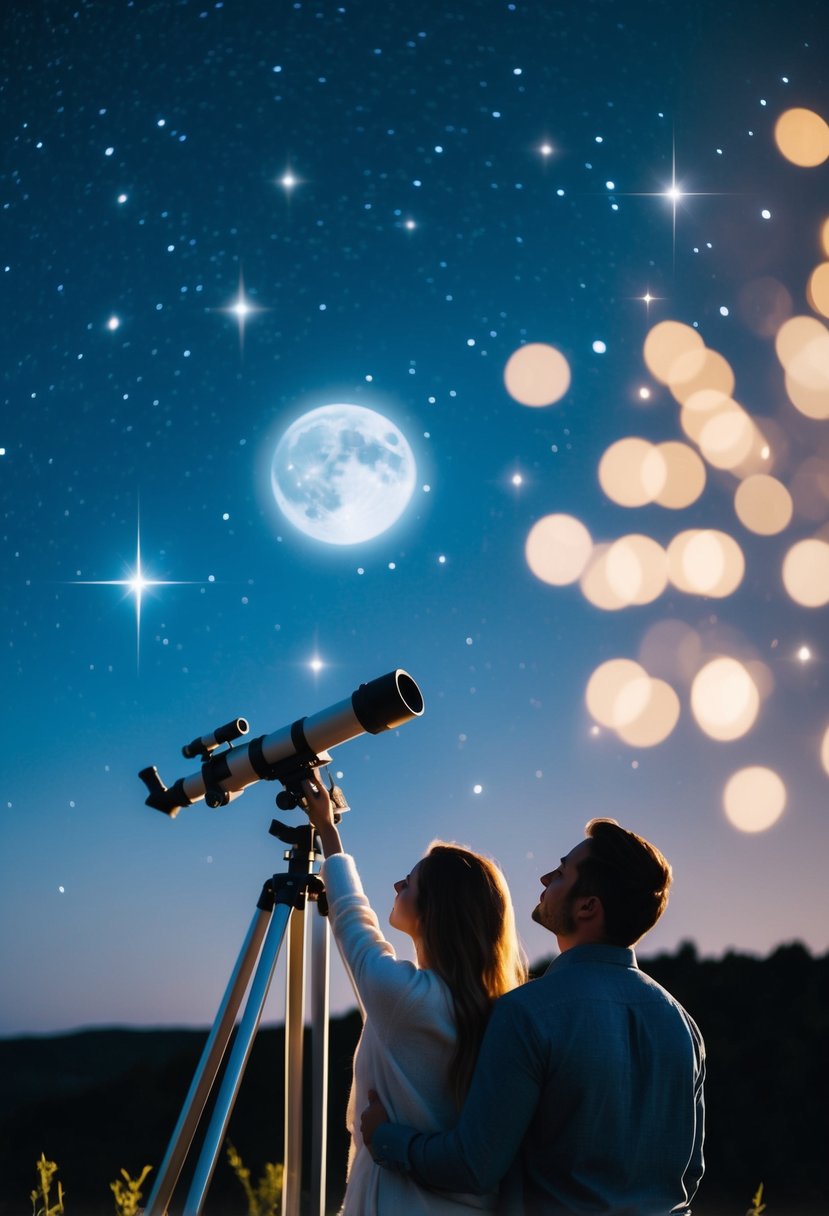 A couple stargazing with a telescope on a moonlit night, surrounded by twinkling stars and a serene atmosphere