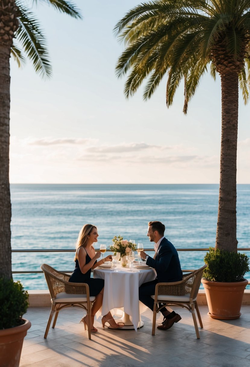 A couple enjoys a romantic dinner on a seaside terrace, surrounded by palm trees and overlooking the sparkling waters of the French Riviera