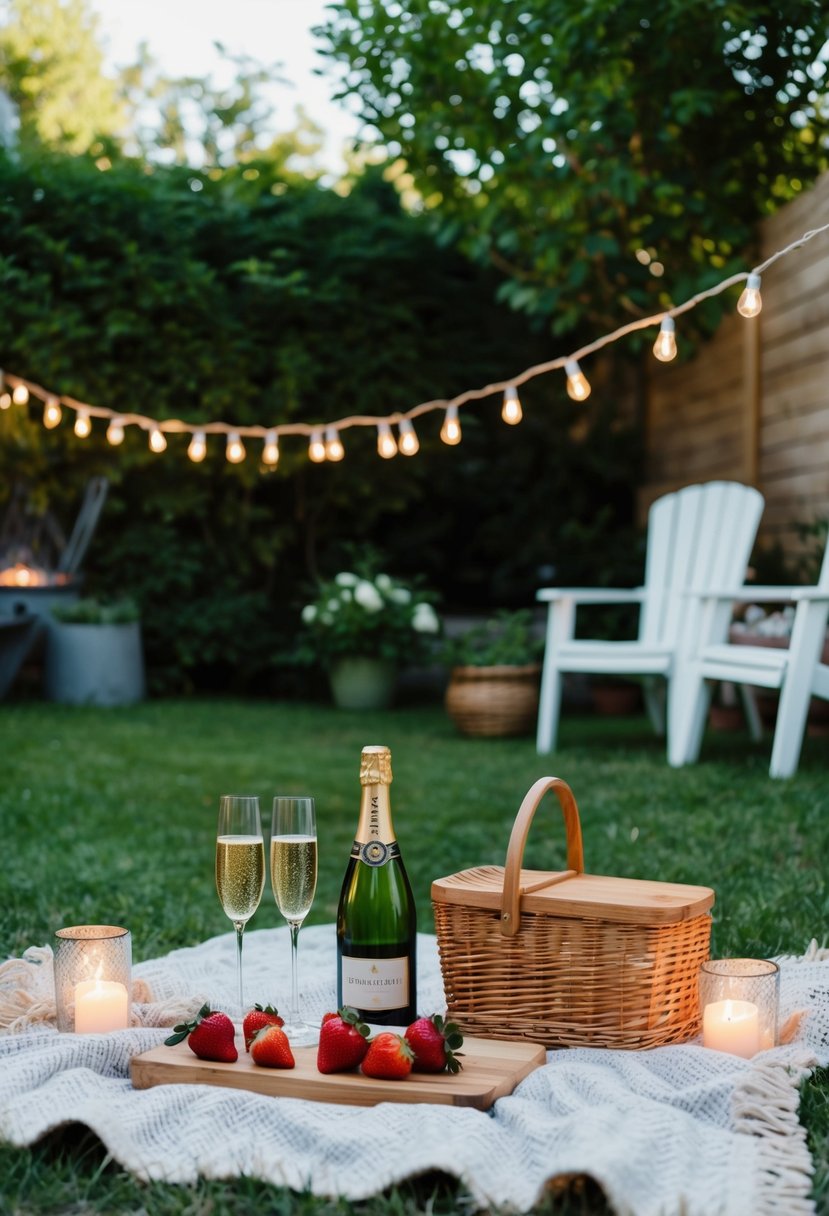 A cozy picnic blanket with champagne, strawberries, and candles set up under a string of fairy lights in a backyard garden