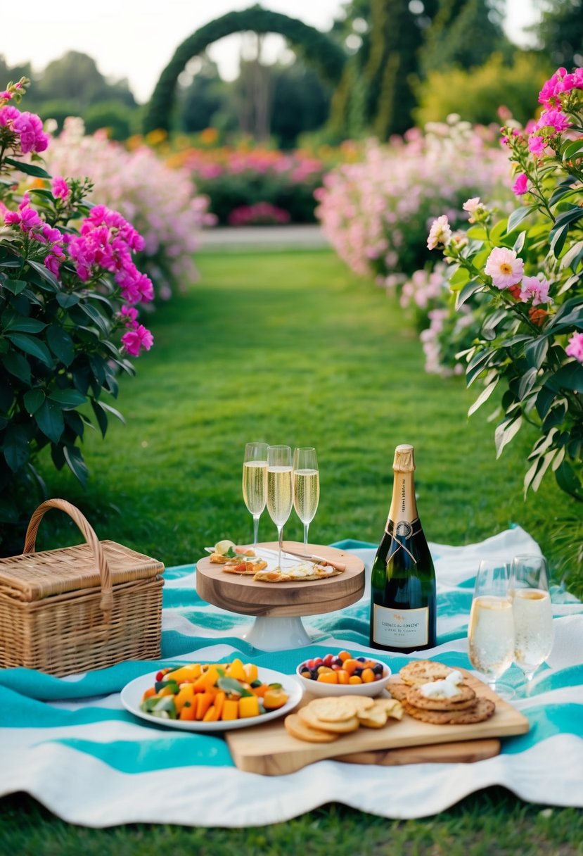 A picnic blanket surrounded by blooming flowers in a botanical garden, with a spread of delicious food and a bottle of champagne on ice