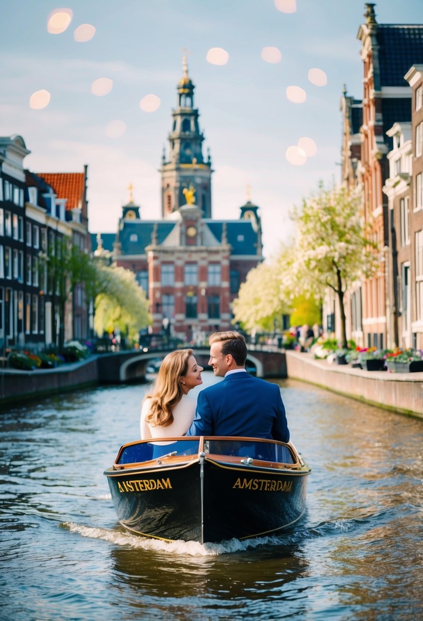 A couple glides down Amsterdam's picturesque canals in a charming boat, surrounded by historic buildings and blooming flowers