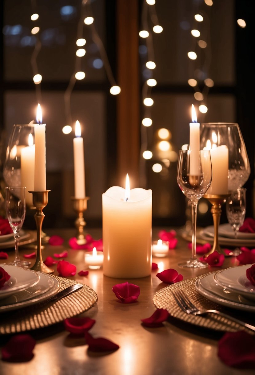 A candlelit dinner with a table set for two, surrounded by soft music and rose petals scattered on the floor