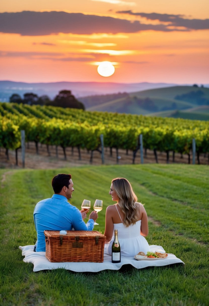 Sunset over lush Napa vineyards, a couple's picnic set among the rolling hills, with a bottle of wine and two glasses