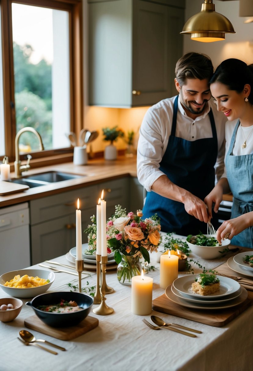 A cozy kitchen with a table set for two, adorned with candles and flowers. Ingredients and cooking utensils are spread out as a couple works together to prepare a special anniversary dinner