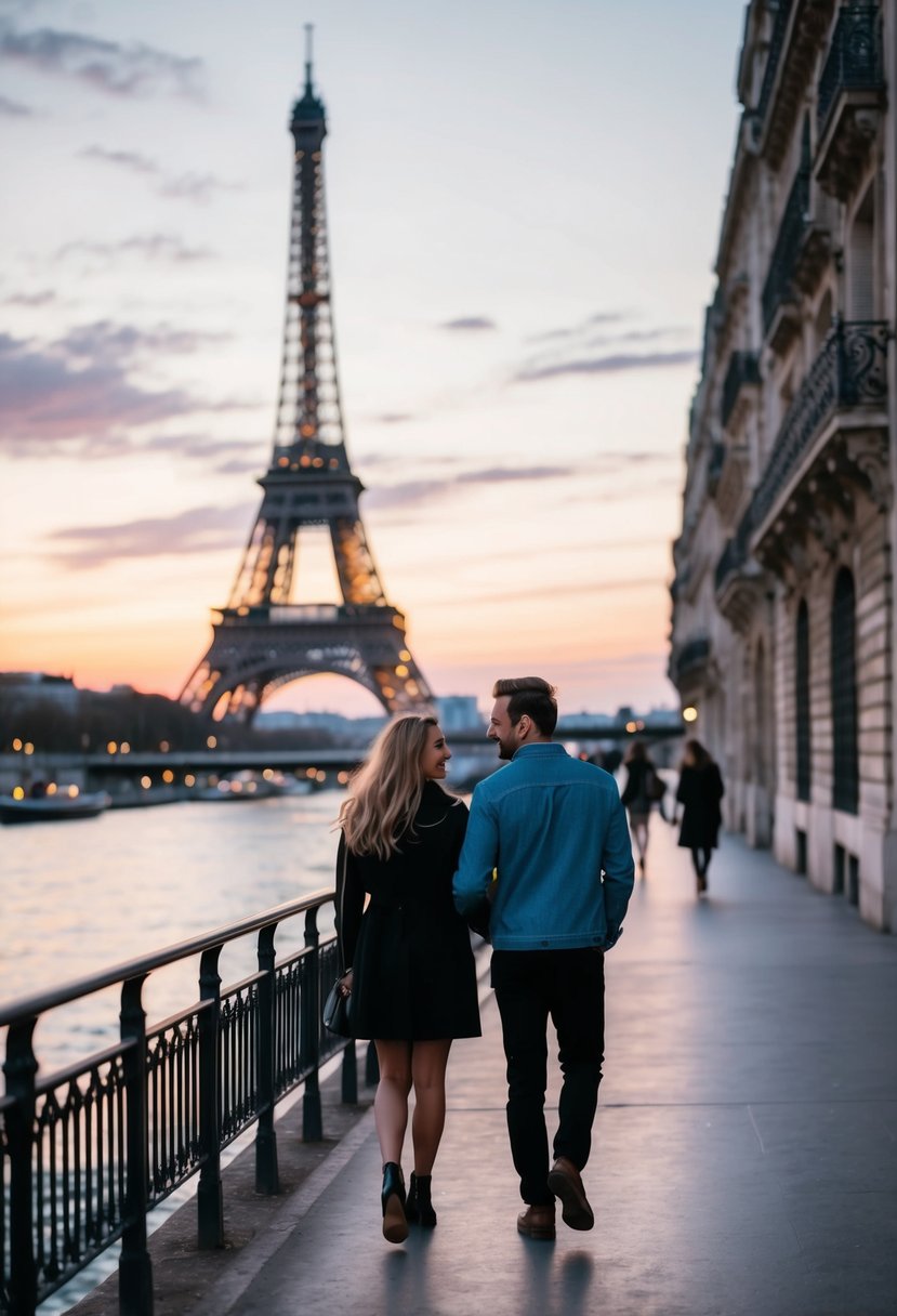 A couple strolling along the Seine River at sunset, with the Eiffel Tower in the background and the city lights beginning to illuminate the romantic atmosphere