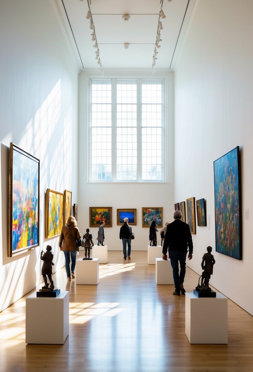 Sunlight streams through large windows, illuminating colorful paintings and sculptures arranged on white walls and pedestals. Visitors stroll through the spacious gallery, admiring the diverse collection of artwork