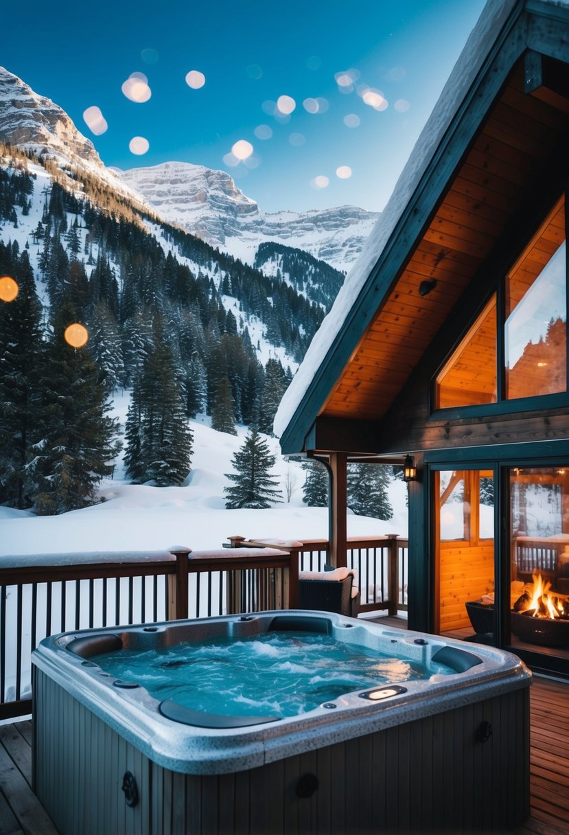 A cozy cabin nestled in the snowy mountains, with a hot tub on the deck and a crackling fire inside