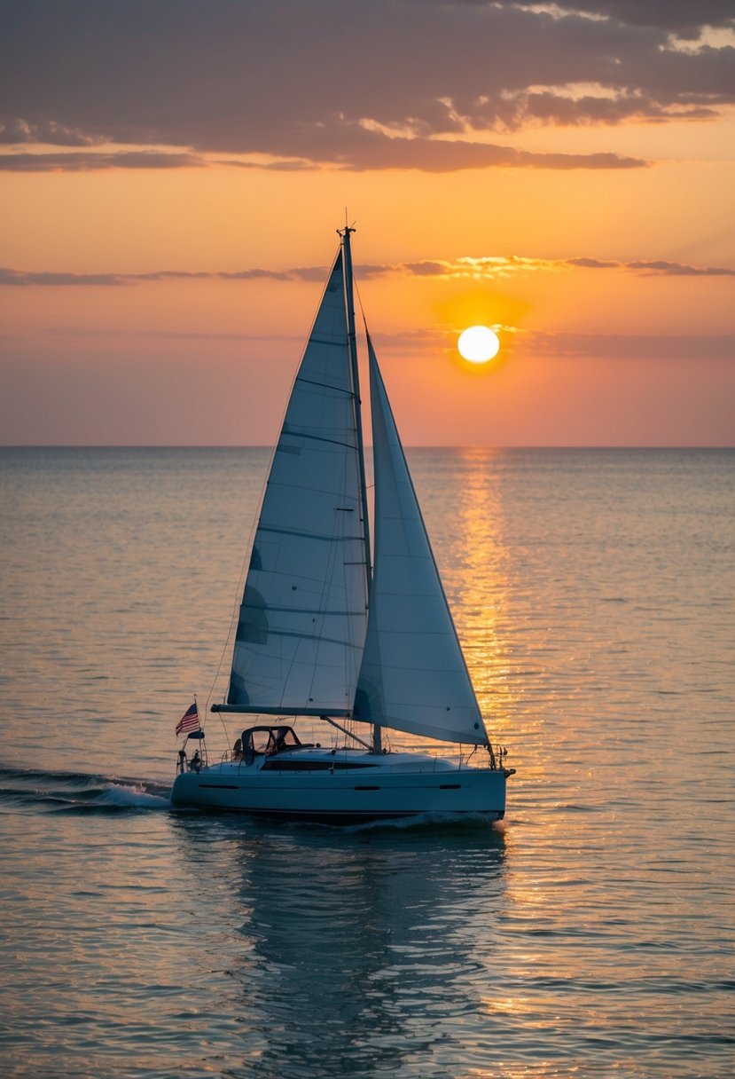 A sailboat glides across a calm, orange-hued sea as the sun dips below the horizon, casting a warm glow over the water