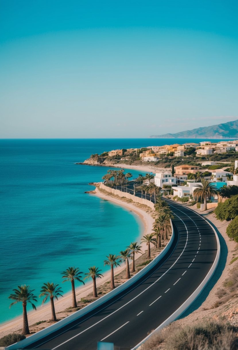 A winding coastal road overlooks turquoise waters, lined with palm trees and colorful villas, under a clear blue sky