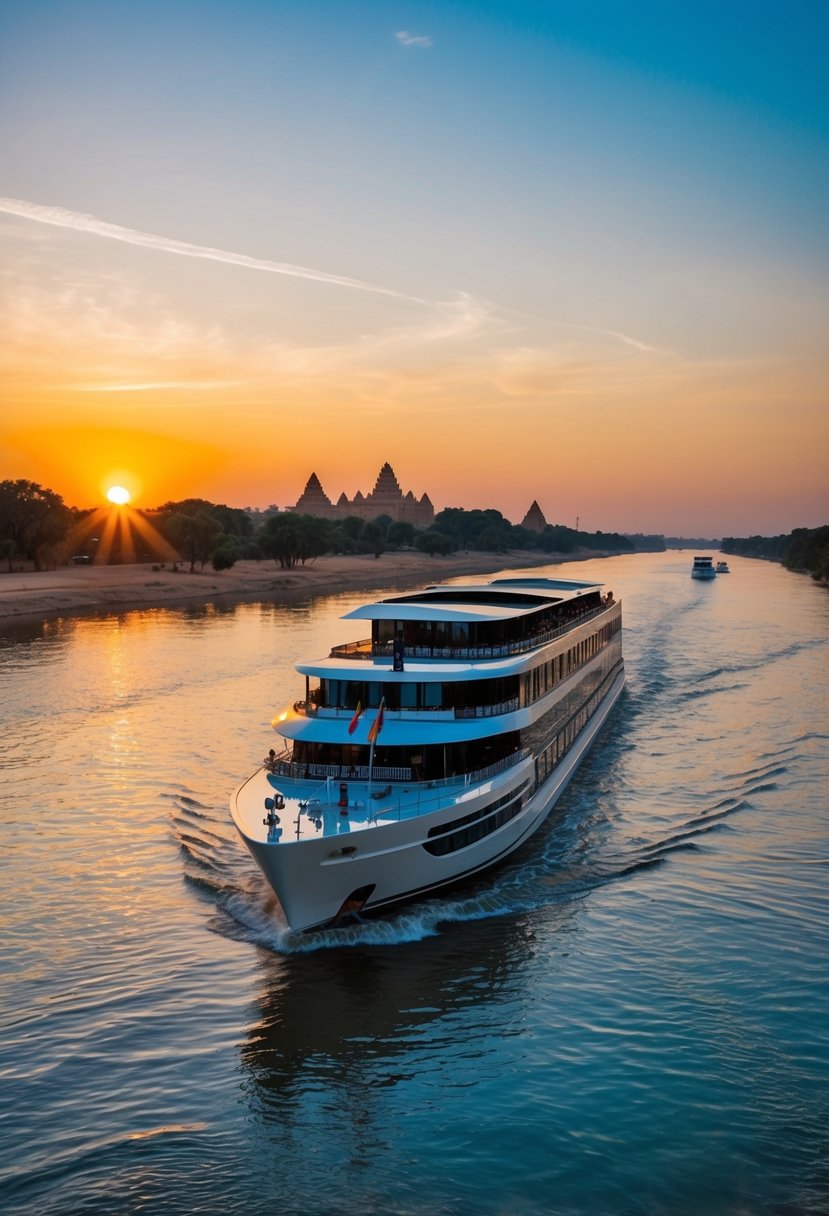 A luxurious river cruise on the Nile, with a stunning sunset over the water and ancient temples lining the shore