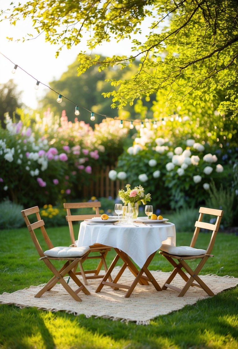 A cozy picnic in a sun-dappled garden, with a table set for two and surrounded by blooming flowers and twinkling fairy lights